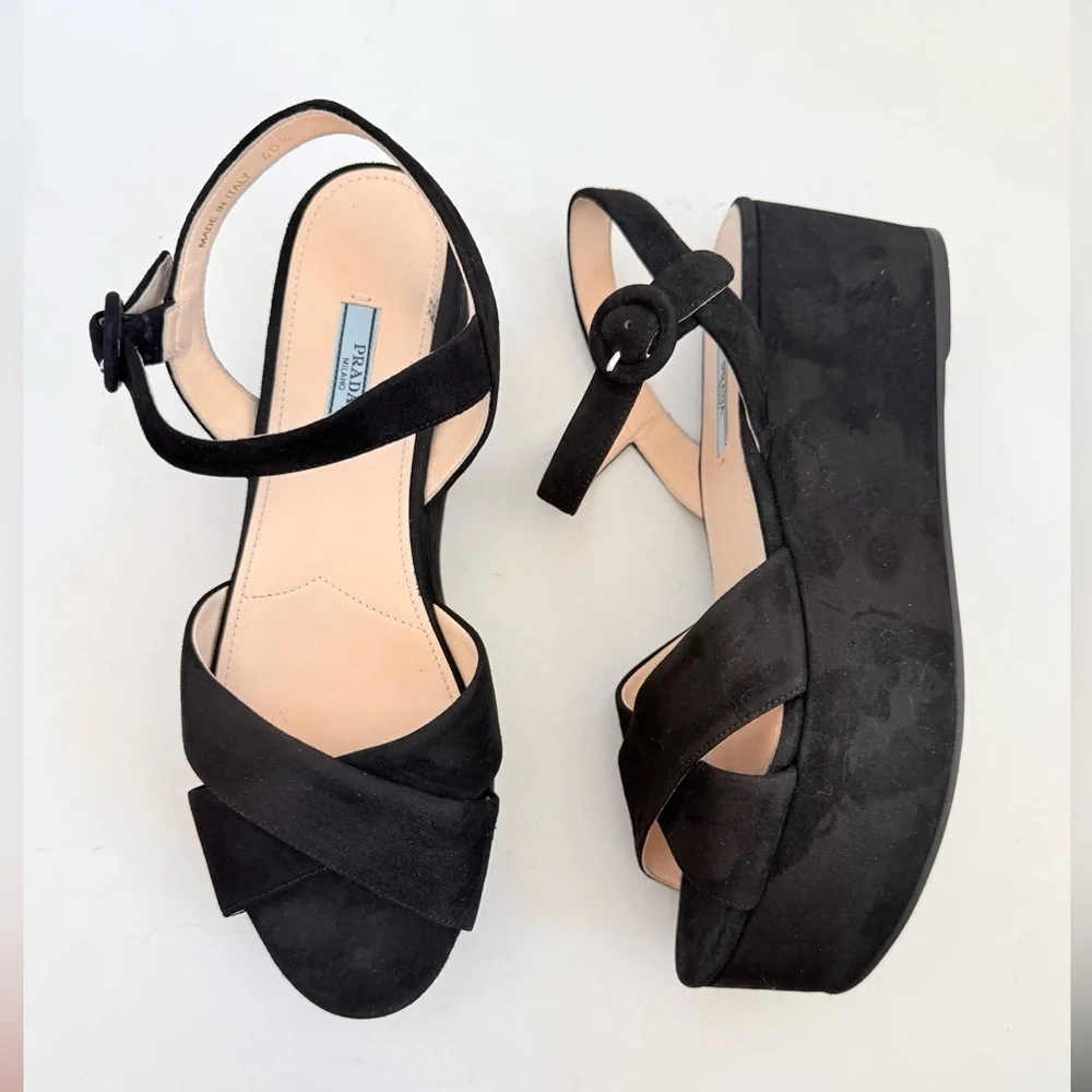 Prada Black Suede leather Wedge peep toe Criss cross sandals EU 40.5